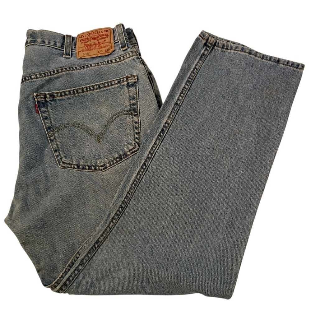 Levis 505 Regular Fit Straight 38 (36) x 32 (30) Light Wash Denim Blue Jeans Zip